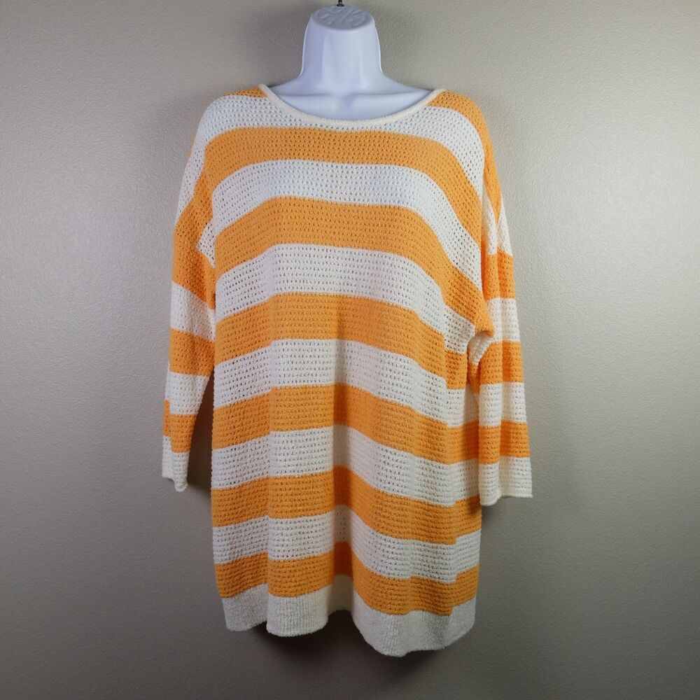 J Jill Apricot and White Striped Open Knit Sweater Size Large